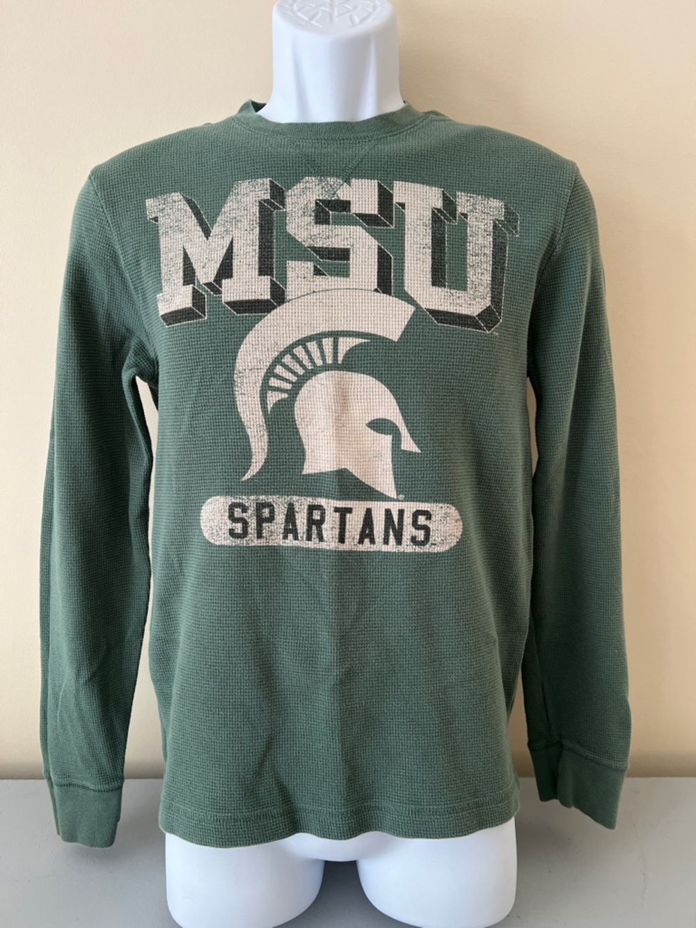 Michigan State University MSU Spartans Green Waffle-Knit Long Sleeve Crewneck